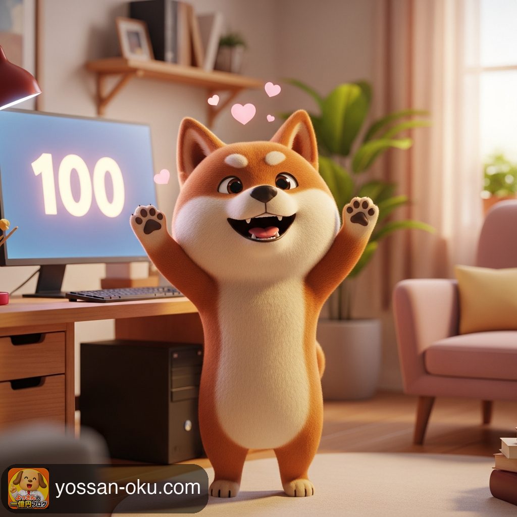 100の数字を見て笑顔でガッツポーズする柴犬