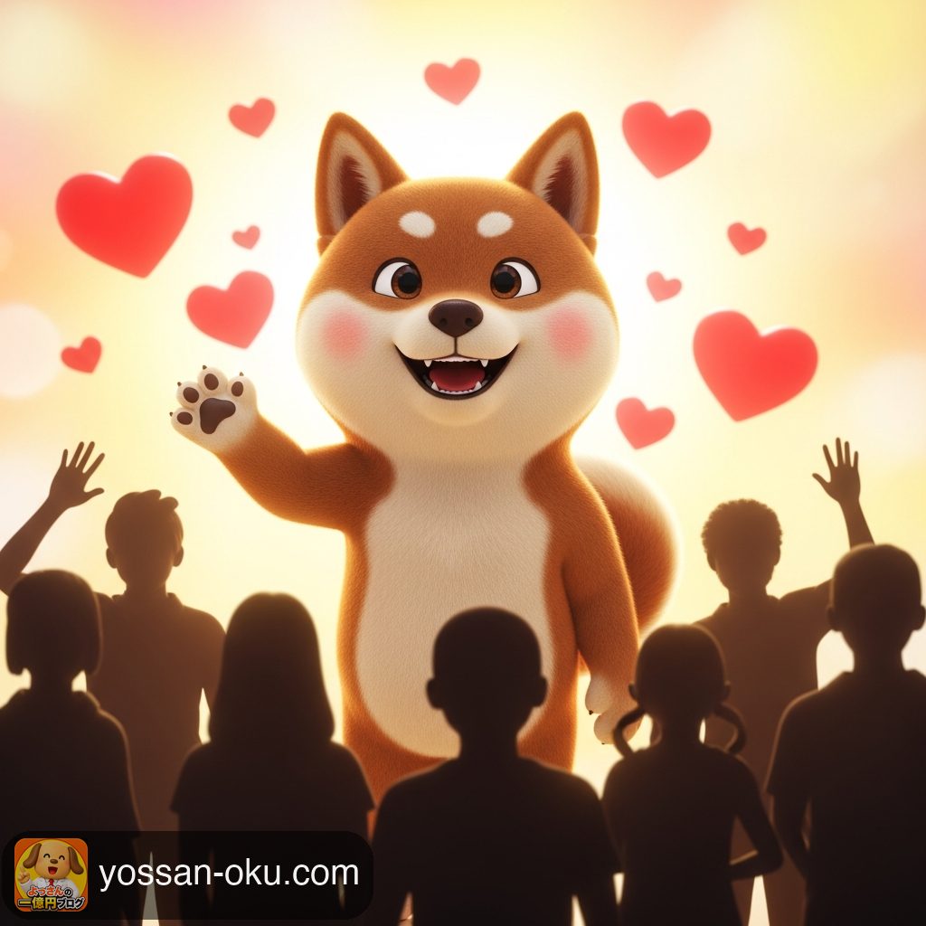 たくさんのハートに囲まれて読者に手を振る柴犬