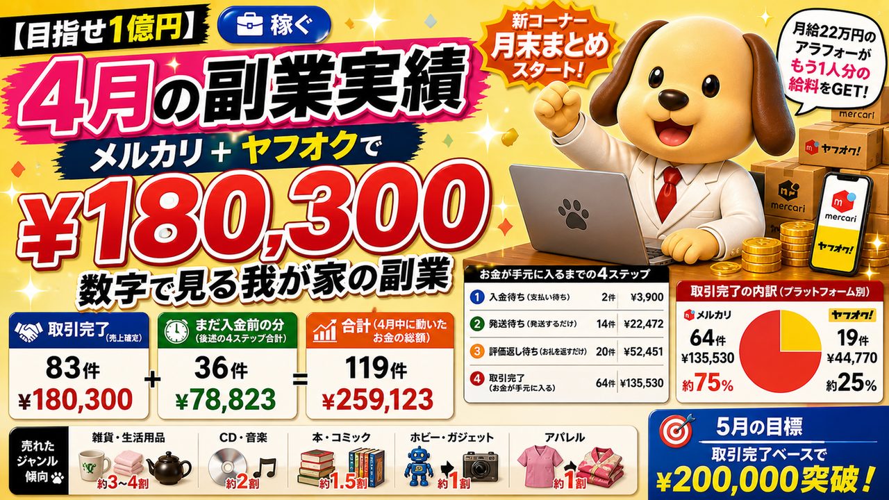 📊【月末まとめ】4月の副業実績 ── メルカリ＋ヤフオクで¥180,300。数字で見る我が家の副業