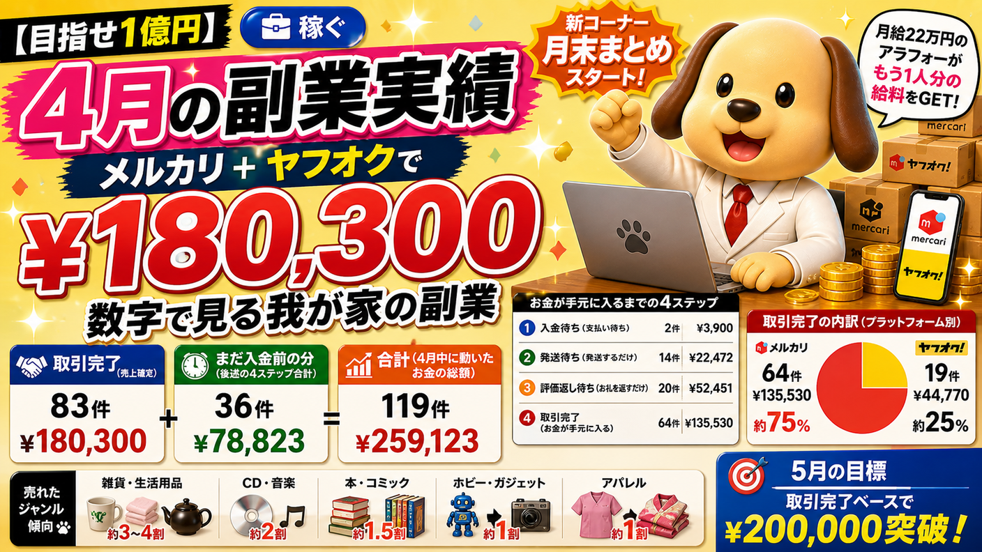 📊【月末まとめ】4月の副業実績 ── メルカリ＋ヤフオクで¥180,300。数字で見る我が家の副業