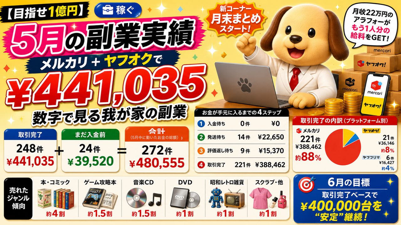 📊【月末まとめ】5月の副業実績 ── メルカリ＋ヤフオクで¥441,035。過去最高を“自分の仕入れ”で更新できた話