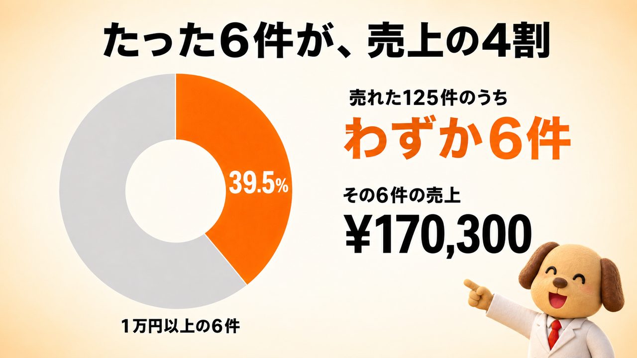 売ãã125ä»¶ã®ãã¡1äžå以äžã¯ããã6ä»¶ããã®6ä»¶ã売äžã®39.5%ã»170,300åãå ããŠãã