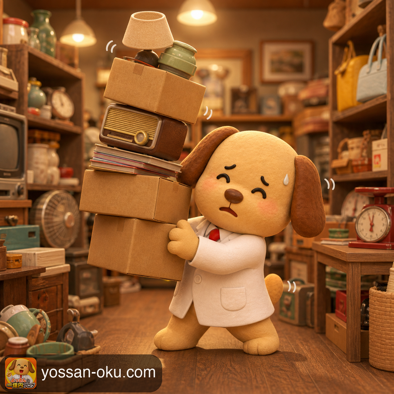 お店でたくさんの商品を抱えて不安そうにしている様子