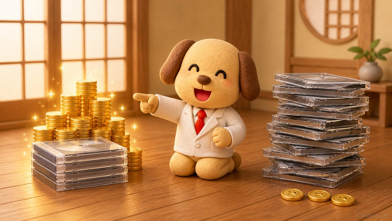 4枚にまとめたCDの横に金貨の山、10枚積んだCDの横にはコイン3枚