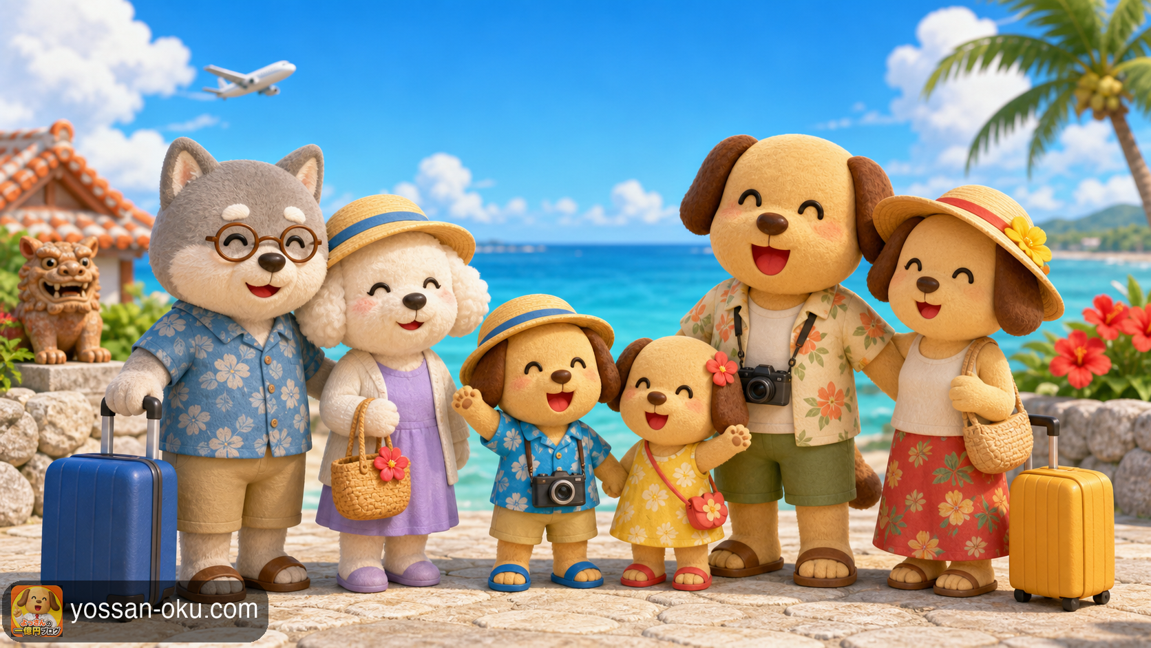 沖縄の海で3世代旅行を楽しむワンさん家族