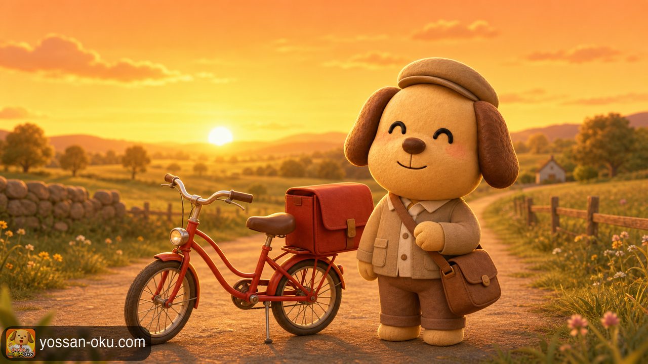 夕焼けの道を、郵便自転車のそばで前を向くワンさん
